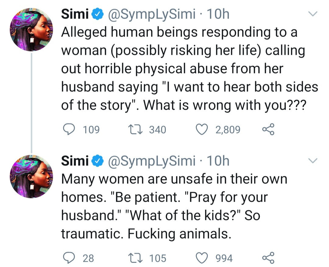 Simi slams those asking to hear the side of the abusive partner in a domestic violence situation 