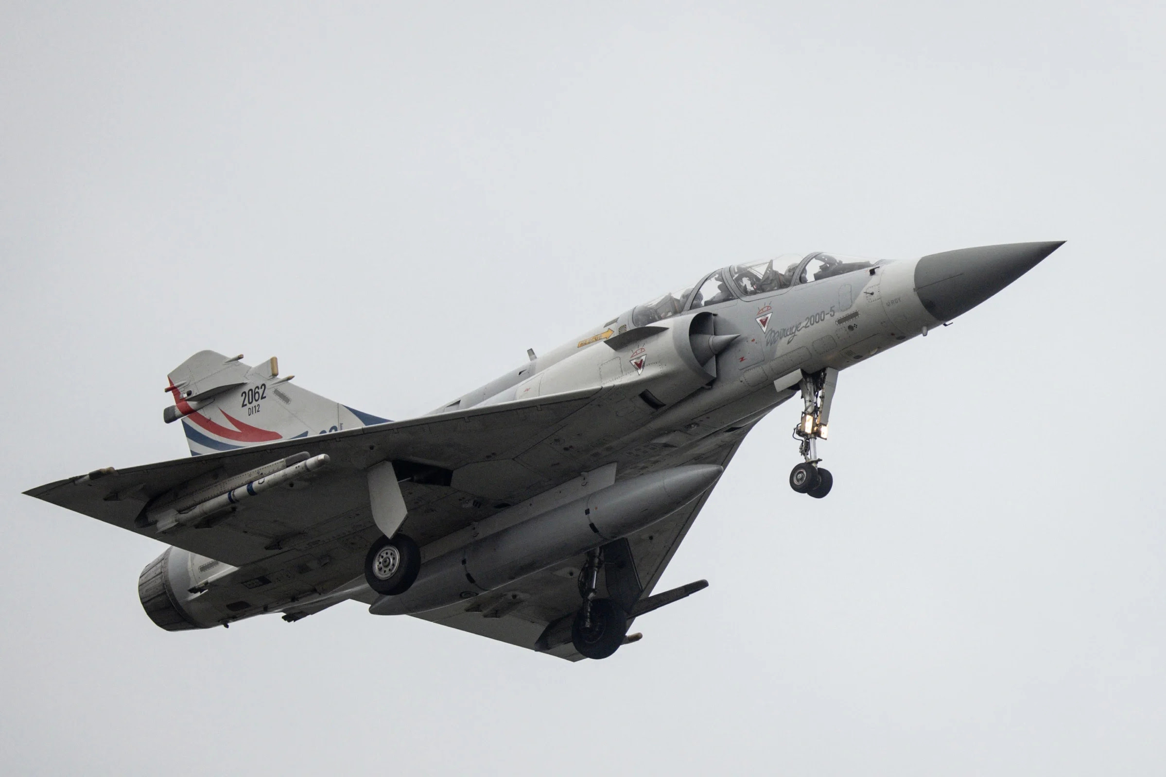 A Taiwanese Mirage fighter jet lands after routine patrols and training exercises at an air force base in Hsinchu, northern Taiwan on April 6, 2023 in Taipei, Taiwan.