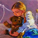 "Pigtails and Teddy Bears", 12x12, oil, paintings of little girls, toys, teddy bears, braids, pigtai - Posted on Thursday, December 25, 2014 by Maryanne Jacobsen