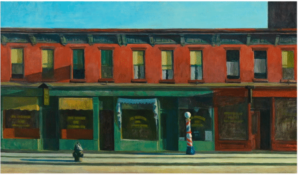 GIF showing Hopper from Home coloring page and Edward Hopper, Early Sunday Morning, 1930. 