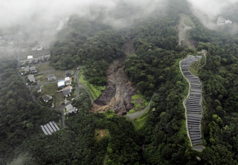 An aerial view shows the site where the landslide is believed to have started in Atami 