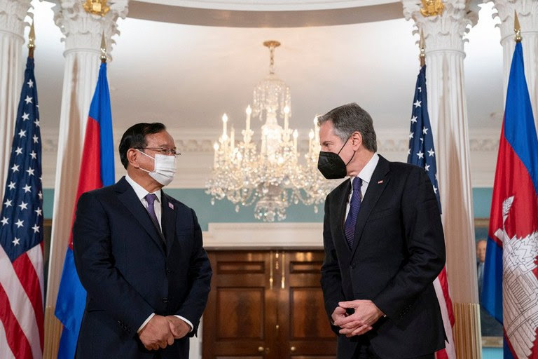 U.S. Secretary of State Antony Blinken(r) meets with Cambodia’s Foreign Minister Prak Sokhonn at the State Department in Washington D.C..May May 13, 2022. Sokhonn is also ASEAN's special envoy for Myanmar.