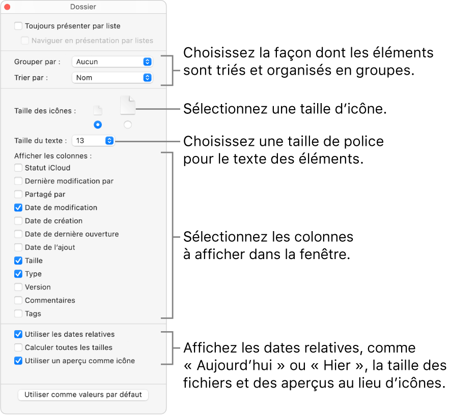 Les options de la présentation par liste pour un dossier.