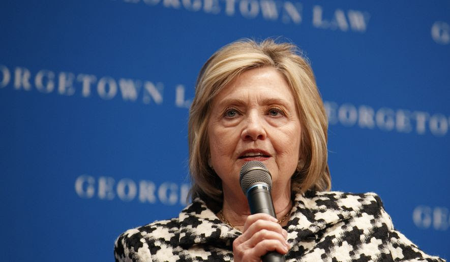 Former Secretary of State Hillary Clinton speaks, Wednesday, Oct. 30, 2019, at Georgetown Law's second annual Ruth Bader Ginsburg Lecture, in Washington. (AP Photo/Jacquelyn Martin)  ** FILE **